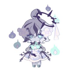  1girl :o aqua_bow aqua_bowtie aqua_eyes armored_shoes bare_legs bare_shoulders black_bow black_bowtie black_halo blue_fire bow bowtie bracer candy chibi colored_skin commentary cookie_run cookie_run:_kingdom detached_sleeves dress dripping expressionless eyelashes fire flower food grey_dress grey_shoes grey_skin grey_sleeves hair_between_eyes hair_flower hair_ornament halo halo_ribbon hitodama holding holding_candy holding_food long_sleeves looking_at_viewer medium_dress multicolored_hair mycookie no_socks parted_lips puffy_long_sleeves puffy_sleeves reed ribbon shoes short_hair simple_background single_stripe solo spiked_halo sprinkles standing streaked_hair striped_bow striped_bowtie striped_clothes symbol-only_commentary two-tone_bow two-tone_bowtie white_background white_flower white_hair white_ribbon 