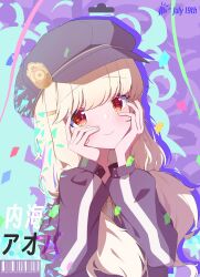  1girl :> abstract_background absurdres aoba_(blue_archive) barcode black_hat blonde_hair blue_archive blue_hat blush bow bowtie character_name closed_mouth commentary english_text fluffy_hair hair_ornament halo hands_on_own_face happy_birthday hat highres jacket long_hair long_sleeves looking_at_viewer low_twintails newsboy_cap orange_halo peaked_cap red_eyes solo sweatdrop train_conductor twintails upper_body yellow_bow yellow_bowtie yydata1 