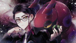  1boy angel31424 antennae black-framed_eyewear black_hair black_jacket bug centipede closed_mouth collared_shirt colored_sclera corbeau_(pokemon) dusk_ball eyewear_strap glasses holding holding_poke_ball horns jacket long_sleeves looking_at_viewer mega_stone necktie open_clothes open_jacket parted_hair poke_ball pokemon pokemon_(creature) pokemon_legends:_z-a purple_hair purple_shirt round_eyewear scolipede shirt short_hair short_sideburns undercut upper_body white_necktie yellow_eyes yellow_sclera 