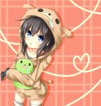  1girl animal_costume black_hair blush chabaneko controller game_controller heart heart_of_string hoodie looking_at_viewer solo striped striped_legwear thigh-highs 