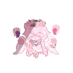  1girl angel angel_wings barefoot_sandals_(jewelry) cherub chibi closed_mouth colored_eyelashes commentary cookie_run cookie_run:_kingdom dress dress_flower drill_hair feathered_wings floating flower flower_dress glowing hair_between_eyes hair_ribbon harp head_wreath heart heart-shaped_eyes heart-shaped_instrument holding holding_instrument instrument long_hair looking_at_viewer medium_dress mycookie pink_eyes pink_flower pink_hair pink_rose reed ribbon rose simple_background sleeveless sleeveless_dress smile solo symbol-only_commentary twin_drills very_long_hair white_background white_dress white_flower white_ribbon white_wings wing_flower wings 