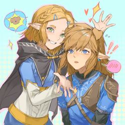  !? 1boy 1girl animal_ears arm_up black_cape blue_background blue_eyes blue_tunic braid cape chinese_commentary commentary_request dog_ears earrings extra_ears flying_sweatdrops green_eyes grin hair_ornament hairclip hand_up heart highres jewelry kemonomimi_mode layered_sleeves lethe_(jiaodidezheshelu) link long_hair long_sleeves open_mouth outline pink_outline pointy_ears princess_zelda shirt short_hair short_over_long_sleeves short_sleeves smile sparkle speech_bubble spoken_blush the_legend_of_zelda the_legend_of_zelda:_breath_of_the_wild tunic white_shirt 