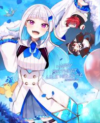  3girls :d ange_katrina ange_katrina_(1st_costume) animal_ears apron arm_up armband bird black_coat black_hair black_kimono blue_armband blue_background blue_eyes blue_flower blue_hair blue_neckerchief blue_petals blue_skirt blunt_bangs blush blush_stickers bubble buttons character_name cloak coat collared_shrug colored_inner_hair commentary_request cowboy_shot dated dated_commentary dog_ears dog_girl dog_tail double-breasted english_text falling falling_petals fangs flower frilled_skirt frilled_sleeves frills fur-trimmed_cloak fur_trim hair_ornament hand_up happy_birthday heterochromia high-waist_skirt highres holding holding_cloak holding_flower inui_toko inui_toko_(1st_costume) japanese_clothes kimono layered_skirt lize_helesta lize_helesta_(1st_costume) long_hair long_sleeves looking_at_viewer low_twintails maid_headdress mini_person minigirl miniskirt mitsumine_(ookami_no_oyashiro) monocle multicolored_hair multiple_girls neckerchief nijisanji open_mouth petals pleated_skirt red_eyes red_hair ribbed_shirt sanbaka_(nijisanji) sebastian_piyodore shirt shirt_tucked_in shrug_(clothing) skirt smile streaked_hair tail teeth thigh_strap twintails two-tone_hair unworn_cloak upper_teeth_only very_long_hair violet_eyes virtual_youtuber waist_apron white_cloak white_hair white_shirt white_shrug white_skirt yellow_bird yellow_eyes 