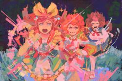  +_+ 3girls agnes_digital_(full-color_fangirling)_(umamusume) agnes_digital_(umamusume) animal_ears aqua_skirt armor bead_necklace beads belt belt_buckle black_skirt blue_bow blue_bowtie blue_corset blue_eyes bow bowtie bracer brown_hair buckle cewid clenched_hands clenched_teeth commentary corset cowboy_shot cross-laced_clothes cross-laced_dress crown determined dress dress_under_skirt english_commentary floating_clothes floating_hair forehead frilled_dress frilled_sailor_collar frilled_wrist_cuffs frills full_body furrowed_brow gold_corset grass grey_skirt hair_bobbles hair_bow hair_ornament highres horse_ears horse_girl horse_tail jewelry large_bow layered_skirt long_hair long_sleeves looking_at_viewer medium_skirt meisho_doto_(turbulent_blue)_(umamusume) meisho_doto_(umamusume) mini_crown miniskirt mismatched_wrist_cuffs motion_lines multicolored_hair multiple_girls neck_ribbon necklace night open_mouth orange_hair outdoors pantyhose pauldrons pink_crown pink_hair pink_skirt pink_wrist_cuffs print_skirt puffy_long_sleeves puffy_short_sleeves puffy_sleeves racing red_belt red_ribbon red_sailor_collar red_sandals ribbon running sailor_collar sandals shirt short_dress short_hair short_sleeves shoulder_armor showgirl_skirt skirt sparkle sparkling_eyes star_(symbol) star_print streaked_hair striped_clothes striped_skirt sweat t.m._opera_o_(o_sole_suo!)_(umamusume) t.m._opera_o_(umamusume) tail teeth two-tone_skirt two_side_up umamusume v-shaped_eyebrows vertical-striped_clothes vertical-striped_skirt very_long_hair violet_eyes white_dress white_pantyhose white_shirt white_skirt white_wrist_cuffs wrist_cuffs yellow_bow 