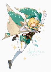  1girl aqua_cape aqua_hat aqua_shorts ayiiiyiii beret blonde_hair blush braid brown_shoes cape closed_mouth cosplay flower genshin_impact hair_flower hair_ornament hat highres long_hair long_sleeves lumine_(genshin_impact) pantyhose shirt shoes shorts smile solo thigh-highs twin_braids venti_(genshin_impact) venti_(genshin_impact)_(cosplay) vision_(genshin_impact) white_pantyhose white_shirt white_thighhighs yellow_eyes 