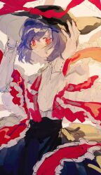  1girl black_hat black_skirt bow closed_mouth commentary_request cowboy_shot expressionless hagoromo hands_on_headwear hat hat_bow highres long_sleeves looking_at_viewer nagae_iku one-hour_drawing_challenge purple_hair red_bow red_eyes shawl shinjitsu_no_kuchi shirt short_hair skirt solo touhou white_background white_shirt 