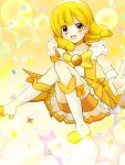  1girl bike_shorts blonde_hair boots choker cure_peace_(cosplay) dress hairband kise_yayoi long_hair magical_girl open_mouth precure sausu_(himakuma) short_hair shorts_under_skirt skirt smile smile_precure! solo star v yellow_background yellow_bike_shorts yellow_eyes 