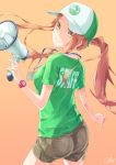  1girl back baseball_cap brown_background brown_eyes brown_hair hat highres long_hair looking_at_viewer looking_back megaphone original ponytail re_lucy shirt short_sleeves shorts signature simple_background smile solo turning watch watch 