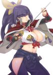  1girl breasts cape cleavage hair_over_eyes high_ponytail jack_hamster katana large_breasts navel purple_hair simple_background solo sword thighs weapon white_background 