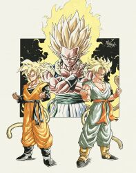  3boys absurdres aura black_sash black_shirt black_vest blonde_hair blue_sash breakintheh cowboy_shot dougi dragon_ball dragon_ball_z full_body gotenks green_pants green_shirt highres medium_hair metamoran_vest monkey_tail multiple_boys muscular muscular_male no_shirt orange_pants orange_sash orange_shirt pants sash shirt short_hair son_goten super_saiyan super_saiyan_1 tail trunks_(dragon_ball) v vest white_pants yellow_tail 