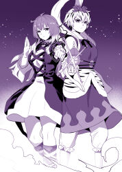  2girls animal_print bead_necklace beads bishamonten's_pagoda clenched_hand dress feet_out_of_frame frown gradient_hair hagoromo highres hijiri_byakuren jewelry layered_dress long_hair looking_at_viewer monochrome multicolored_hair multiple_girls necklace nekobatake outstretched_arm pants pants_under_dress shawl short_hair side-by-side streaked_hair tiger_print toramaru_shou touhou very_long_hair 