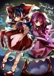  2girls apron ascot black_sclera boots bow brown_boots brown_hair closed_mouth clouds cloudy_sky colored_sclera colored_skin commentary_request commission corruption dark_persona detached_sleeves eye_trail frilled_bow frilled_hair_tubes frilled_skirt frills full_moon green_skirt hair_bow hair_tubes hakurei_reimu hakurei_reimu_(vengeful_spirit) highres holding holding_scroll kappougi koxapfi4jyljb0d light_trail long_hair looking_at_viewer mary_janes mismatched_sclera moon motoori_kosuzu motoori_kosuzu_(possessed) multiple_girls open_mouth possessed red_bow red_eyes red_hair red_skirt ribbon-trimmed_sleeves ribbon_trim scroll shoes skeb_commission skirt skirt_set sky smile socks touhou white_socks yellow_ascot 