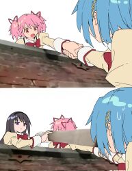  3girls akemi_homura ban45601 black_hair black_hairband blue_hair bow bowtie brick_wall corrupted_twitter_file furrowed_brow hair_ornament hairband hairclip highres holding_hands holding_plank it's_always_sunny_in_philadelphia kaname_madoka long_sleeves looking_at_another mahou_shoujo_madoka_magica miki_sayaka mitakihara_school_uniform multiple_girls photo-referenced photo_background pink_eyes pink_hair plank red_bow red_bowtie scene_reference school_uniform short_hair short_twintails twintails white_background 