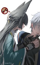  1boy 2girls absurdres animal_ear_fluff animal_ears aqua_jacket arm_out_of_sleeve arrow_(symbol) black_gloves black_hair black_shirt blue_jacket blunt_bangs cryne fingerless_gloves fox_ears fox_girl from_side gauntlets gloves grey_hair hand_on_another's_face highres hoshimi_miyabi jacket long_hair looking_at_another multiple_girls no_eyes red_eyes shirt short_hair simple_background single_fingerless_glove single_gauntlet sweat twitter_username upper_body white_background wise_(zenless_zone_zero) ye_shunguang zenless_zone_zero 
