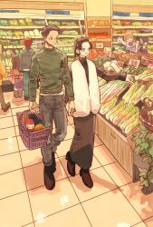  3girls 4boys agatsuma_zenitsu black_dress black_hair black_shirt black_shoes brother_and_sister brown_hair colored_tips commentary_request couple dress earrings groceries grocery_store hakuji_(kimetsu_no_yaiba) hanafuda_earrings hetero highres holding_hands iguro_obanai indoors jewelry kaburamaru kamado_nezuko kamado_tanjirou kanroji_mitsuri kimetsu_no_yaiba koyuki_(kimetsu_no_yaiba) lettuce long_dress long_hair looking_at_another mask mouth_mask multicolored_hair multiple_boys multiple_girls parted_bangs parted_lips pink_hair red_eyes shirt shoes shopping_basket short_hair siblings smile snake takeuchi_ryousuke tile_floor tiles updo veil white_snake white_veil 