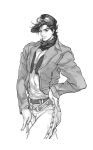  1boy belt goggles goggles_on_head greyscale hat jacket jeans jojo_no_kimyou_na_bouken joseph_joestar_(young) monochrome solo zishanjiang 