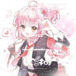  >_o 2girls ahoge armband bag baonu_de_zhanshen_caibutou belt belt_buckle black_belt black_jacket black_shoes blunt_bangs blunt_ends brown_bag buckle chibi chinese_commentary collared_jacket collared_shirt commentary_request commission cowboy_shot dot_nose dress guardian_chara hair_between_eyes hair_intakes hair_ornament hand_on_own_head happy hat hat_ornament heart heart_hat_ornament highres hinamori_amu holding holding_bag holding_pom_poms jacket kneehighs lapels light_blush light_particles long_sleeves looking_at_viewer loose_hair_strand medium_hair miniskirt multiple_girls necktie notched_lapels notice_lines one_eye_closed open_clothes open_jacket open_mouth pink_eyes pink_hair plaid_clothes plaid_skirt pleated_skirt pom_pom_(cheerleading) ran_(shugo_chara!) red_armband red_necktie red_scarf red_skirt sample_watermark scarf school_bag school_uniform seiyo_academy_school_uniform shirt shoes short_dress short_side_ponytail shugo_chara! skirt sleeve_cuffs smile socks sparkle speech_bubble spoken_heart star_(symbol) tareme too_many_watermarks visor_cap watermark white_background white_dress white_hat white_shirt white_socks x_hair_ornament yellow_eyes 