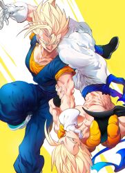  2boys battle black_vest blonde_hair blue_pants blue_sash blue_shirt boots cropped_vest dougi dragon_ball dragon_ball_z earrings gloves gogeta green_eyes highres jewelry male_focus medium_hair metamoran_vest multiple_boys muscular muscular_male no_shirt ommmyoh open_clothes open_vest orange_shirt pants potara_earrings rotational_symmetry sash shirt spiky_hair super_saiyan super_saiyan_1 vegetto vest white_background white_boots white_gloves yellow_background 