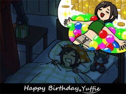  1boy 1girl bandana bare_arms black_border black_hair blush border box cait_sith_(final_fantasy) cape character_doll doll drooling final_fantasy final_fantasy_vii gift gift_box gold green_shirt grey_shorts happy_birthday lying materia midriff mouth_drool on_back open_mouth orange_bandana original outstretched_arms polka_dot_bandana red_cape s_m_man shirt short_hair shorts smile under_covers vincent_valentine yuffie_kisaragi 