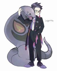  1boy arbok black-framed_eyewear black_hair black_jacket black_pants closed_mouth cobra_(animal) collared_shirt corbeau_(pokemon) deigo_(indigo2070) eyewear_strap forked_tongue full_body glasses hand_in_pocket highres jacket long_sleeves necktie open_clothes open_jacket open_mouth pants parted_hair pokemon pokemon_(creature) pokemon_legends:_z-a purple_hair purple_shirt round_eyewear shirt shoes short_hair short_sideburns simple_background smile snake socks tongue undercut white_necktie white_socks yellow_eyes 