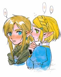  1boy 1girl aqua_eyes black_cloak black_sweater blonde_hair blue_shirt blue_tunic blush braid cloak crown_braid ear_blush earrings green_eyes hair_ornament hairclip hand_on_own_chest hashtag-only_commentary highres jewelry link long_hair low_ponytail mouyi parted_bangs pointy_ears ponytail princess_zelda sample_watermark shirt short_hair sidelocks signature spoken_blush sweater the_legend_of_zelda the_legend_of_zelda:_tears_of_the_kingdom tunic upper_body watermark white_background 