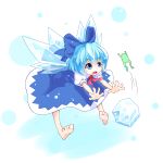  1girl absurdres barefoot bent_over blue_eyes blue_hair bow cirno dress failure frog guiyunxiyin hair_bow highres ice looking_away open_hands open_mouth outstretched_arms polka_dot polka_dot_background puffy_short_sleeves puffy_sleeves ribbon short_hair short_sleeves simple_background solo touhou wings 