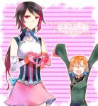  1boy 1girl black_hair chinese_clothes cosplay costume_switch english fingerless_gloves flipped_hair gloves heart heart_hands hsiang_ning lie_ren nora_valkyrie open_mouth orange_hair pink_eyes rwby smile striped striped_background sweatdrop 