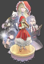  1boy 3girls absurdres alexandrina_sebastiane animal_ears black_background black_dress black_hair breasts brown_corset bukbukk_(bukbukk21) camera_flash clapping commentary corin_wickes corset cosplay dated_commentary dress ellen_joe english_commentary eyepatch full_body furry furry_male green_hair grey_hair hairband highres holding holding_instrument holding_phone hood hood_up instrument keyboard_(instrument) little_red_riding_hood_(fairy_tale) little_red_riding_hood_(fairy_tale_character) little_red_riding_hood_(fairy_tale_character)_(cosplay) long_sleeves looking_at_viewer maid maid_headdress melodica metal_hairband mole mole_under_eye multiple_girls open_mouth phone red_eyes simple_background smile taking_picture violet_eyes von_lycaon white_fur white_hair wolf_boy wolf_ears zenless_zone_zero 