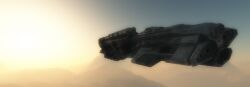  3d battleship_(eve_online) caldari_state_(eve_online) combat_ship_(eve_online) commentary english_commentary eve_online flying fog highres ishukone_corporation_(eve_online) landscape military_vehicle mountain mountainous_horizon no_humans realistic rokh_(eve_online) science_fiction sky spacecraft thrusters vankaiser vehicle_focus 
