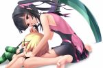  2girls akatsuki_kirika ass barefoot black_hair blonde_hair blush clenched_teeth eto hands_together long_hair looking_at_another looking_down lying_on_lap lying_on_person multiple_girls red_eyes scythe senki_zesshou_symphogear sitting striped striped_legwear tears thighhighs tsukuyomi_shirabe wariza 