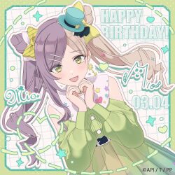  1girl :d absurdres bare_shoulders belt belt_buckle birthday blonde_hair blush buckle commentary_request copyright_notice dress earrings green_dress green_eyes hair_bun hair_ribbon happy_birthday hat heart heart_hands highres jewelry long_hair looking_at_viewer mini_hat multicolored_hair official_art open_mouth pole_princess!! purple_hair ribbon signature smile solo star_(symbol) star_earrings tousaka_mio twintails two-tone_hair upper_body 