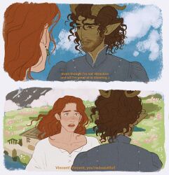  2boys arcanegold back beard_stubble blue_dress blue_eyes blue_sky body_freckles border brown_hair character_name chest_freckles clouds cloudy_sky colored_sclera colored_skin commentary cosplay cropped_arms crossdressing crossdressing_(mtf) curled_horns curly_hair demon_boy demon_horns dress dungeons_&amp;_dragons earrings english_commentary english_text eyelashes facial_hair fading_border field film_grain floating_hair flower flower_field freckles green_skin horns house howl_(howl_no_ugoku_shiro) howl_(howl_no_ugoku_shiro)_(cosplay) howl_no_ugoku_shiro implied_yaoi jewelry juliet_sleeves lace_collar long_sleeves looking_at_another looking_down looking_to_the_side mandarin_collar multiple_boys multiple_views neck_freckles open_mouth orange_hair original parted_hair parted_lips pointy_ears puffy_sleeves red_eyes renaer_neverember_(arcanegold) sad shirt short_hair sideburns_stubble sky sophie_hatter_(howl_no_ugoku_shiro) sophie_hatter_(howl_no_ugoku_shiro)_(cosplay) stubble subtitled surprised teardrop_earrings teeth thick_eyebrows thick_lips tiefling tongue upper_teeth_only vincent_obra_(arcanegold) wavy_hair white_border white_shirt yellow_sclera yellow_text 
