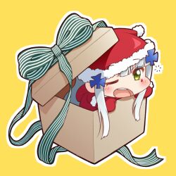  alternate_costume blue_hair box cardboard_box chibi commentary fur-trimmed_gloves fur-trimmed_headwear fur_trim gift gift_box girls_frontline gloves green_eyes hat hk416_(girls'_frontline) hood hooded_jacket jacket jiwon_(sj1) mini_person minigirl one_eye_closed open_mouth outline red_gloves red_hat red_jacket santa_costume santa_hat simple_background tattoo teardrop_tattoo teeth upper_teeth_only white_outline yellow_background 