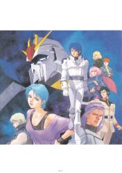 1980s_fashion 1990s_(style) 3girls 5boys absurdres aeug amuro_ray bright_noa char_aznable four_murasame gundam haman_karn highres kamille_bidan kitazume_hiroyuki magazine_scan mecha mecha_pilot_suit military military_uniform mobile_suit mullet multiple_boys multiple_girls nebula paptimus_scirocco quattro_bajeena retro_artstyle robot sayla_mass scan science_fiction serious space star_(sky) titans_(gundam) traditional_media upper_body v-fin wristband zeta_gundam zeta_gundam_(mobile_suit) zeta_gundam_define 