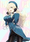  1girl ane_(artist) atago_(kantai_collection) black_gloves black_legwear blonde_hair blush breasts gloves green_eyes hat kantai_collection large_breasts long_hair military military_uniform open_mouth pantyhose personification skirt smile solo text uniform wink 