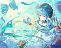  2girls blue_hair blush bonnet bow closed_mouth commentary_request commission coral cowboy_shot cup dress fairy green_ribbon hair_bow highres holding holding_cup korean_commentary limu838 long_hair long_sleeves mini_person minigirl multiple_girls neck_ribbon original ribbon saucer sitting teacup twitter_username violet_eyes white_bonnet white_bow white_dress 