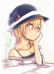  1girl alternate_costume blonde_hair blush casual chin_rest crescent hand_on_own_chin harusame_(unmei_no_ikasumi) hat looking_at_viewer lunasa_prismriver short_hair solo touhou yellow_eyes 