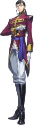  1boy arm_behind_back bangs_pinned_back black_hair black_shoes blue_eyes clenched_hands closed_mouth code_geass code_geass:_genesic_re;code forehead full_body gilbert_g.p._guilford glasses gloves hair_tie highres jacket long_hair long_sleeves male_focus military_uniform official_art pants ponytail red_jacket rimless_eyewear sash serious shoes sidelocks simple_background solo standing transparent_background white_gloves white_pants 
