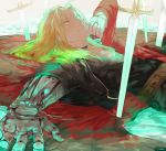  blonde_hair edward_elric fullmetal_alchemist gloves hair_down jacket lying momomosae partially_submerged sword weapon 