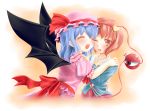 2girls anger_vein arm_around_waist bat_wings blouse blue_hair bow cheek-to-cheek closed_eyes fang gradient gradient_background hand_on_another&#039;s_shoulder hat hat_ribbon headband heart highres hug ifnil komeiji_satori long_sleeves looking_at_another mob_cap multiple_girls open_mouth pink_eyes pink_hair puffy_short_sleeves puffy_sleeves remilia_scarlet ribbon short_hair short_sleeves simple_background skirt skirt_set third_eye touhou wavy_mouth wings wink 
