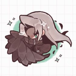  1boy black_coat black_feathers black_gloves black_wings blym7oym7759061 chibi chibi_only coat falling_feathers feathered_wings feathers final_fantasy final_fantasy_vii gloves green_eyes grey_hair grid_background highres long_coat long_hair male_focus parted_bangs partially_shaded_face sephiroth single_wing solo sparkle wings 