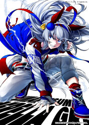  1girl animal_ears belt blue_eyes blue_hairband blue_jacket blue_sports_bra commentary_request crop_top cygames ear_covers electricity fang fingerless_gloves gloves grey_hair grey_tail grin hair_between_eyes hairband headband highres horse_ears horse_girl horse_tail jacket kuzumi_taiyou lightning_bolt_print lightning_bolt_symbol long_hair long_sleeves looking_at_viewer official_art open_mouth pants red_belt red_headband second-party_source smile solo sports_bra striped_clothes striped_hairband tail tamamo_cross_(umamusume) tamamo_cross_(with_lightning_speed)_(umamusume) teeth umamusume very_long_hair white_pants 