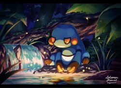  aobi_3814 colored_skin croagunk fireflies forest highres leaf nature no_humans outdoors pokemon pokemon_(creature) pokemon_focus purple_skin river sitting solo teeth twitter_username water yellow_eyes 