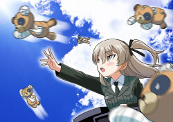  1girl arm_up bit_(gundam) black_jacket black_necktie black_ribbon blue_sky boko_(girls_und_panzer) brown_eyes brown_hair clouds cloudy_sky day dress_shirt flying girls_und_panzer gundam hair_ribbon jacket long_hair long_sleeves looking_to_the_side military_uniform motion_blur muichimon necktie one_side_up open_mouth outdoors ribbon selection_university_military_uniform shimada_arisu shirt sky solo stuffed_animal stuffed_toy tank_cupola teddy_bear white_shirt 
