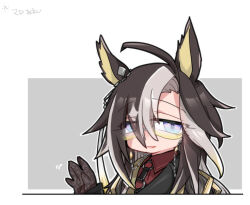  1girl animal_ears beer_hsk black_gloves black_hair black_jacket blue_eyes collared_shirt dream_journey_(umamusume) glasses gloves grey_background grey_hair hair_over_one_eye hand_up horse_ears jacket long_hair long_sleeves looking_at_viewer multicolored_hair parted_lips red_shirt shirt sleeves_past_wrists smile solo two-tone_background two-tone_hair umamusume upper_body white_background 