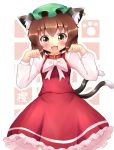  1girl animal_ears blush bow brown_eyes brown_hair cat_ears cat_tail chen dress ear_piercing hat jewelry juliet_sleeves kane-neko long_sleeves looking_at_viewer open_mouth paw_pose paw_print piercing puffy_sleeves red_dress shirt single_earring smile solo tail touhou 
