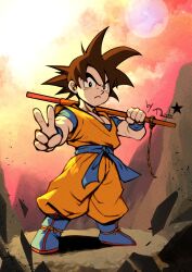  1boy belt black_hair blue_belt blue_boots blue_shirt boots commentary dragon_ball dragon_ball_(classic) dragon_ball_daima dragon_ball_z frown furrowed_brow highres looking_at_viewer male_focus mochi_mangaka orange_dougi over_shoulder pectorals shirt short_hair short_sleeves solo son_goku spiky_hair super_smash_bros. symbol-only_commentary v weapon weapon_over_shoulder 