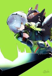  1girl absurdres anby_demara bandana bandana_around_neck bangboo_(zenless_zone_zero) black_gloves black_skirt black_thighhighs braid braided_sidelock commentary eous_(zenless_zone_zero) fingerless_gloves gloves green_background green_jacket green_shoes green_sleeves grey_hair headphones highres holding holding_sword holding_weapon jacket leg_up multicolored_sleeves open_mouth orange_bandana orange_eyes shoes short_hair skirt sleeveless sleeveless_jacket sneakers sword symbol-only_commentary thigh-highs thigh_strap weapon zenless_zone_zero zeroartwo 