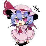  1girl ascot bat_wings blue_hair brooch chibi fang hand_on_hip hat hat_ribbon jewelry lowres mob_cap open_mouth paragasu_(parags112) pink_eyes puffy_sleeves remilia_scarlet ribbon shirt short_sleeves simple_background skirt skirt_set solo touhou white_background wings wrist_cuffs 