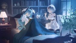  2girls absurdres ahoge arm_support bandage_on_face bandage_over_one_eye bandaged_arm bandages barrel bed bird blanket blue_eyes blue_hair blue_hairband bookshelf cabinet commentary_request crossed_legs dress duet_night_abyss fina_(duet_night_abyss) frills globe hair_ornament hair_over_one_eye hairband head_wings highres indoors inkwell lamp long_hair multiple_girls one_eye_closed orange_eyes phoxhunter_(duet_night_abyss) pillow plant quill re_chest rubbing_eyes shirt short_hair the_girl_in_the_dream_(duet_night_abyss) toes treasubottle varlyn very_long_hair white_dress white_shirt window wings 
